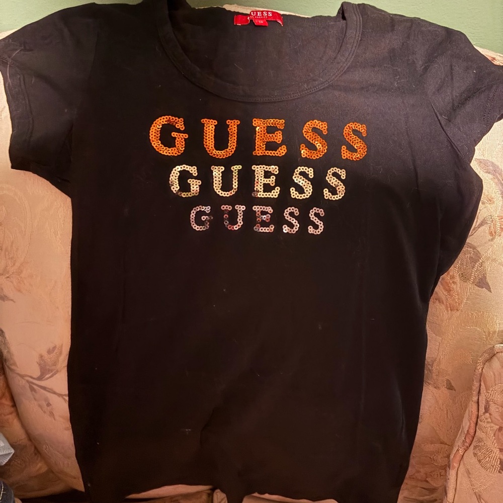 Guess Black Short Sleeve Tee with Orange, Gold and Pink Sequin Logo